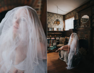 a veiled client poses for a bridal boudoir photoshoot at Black Lace Boudoir