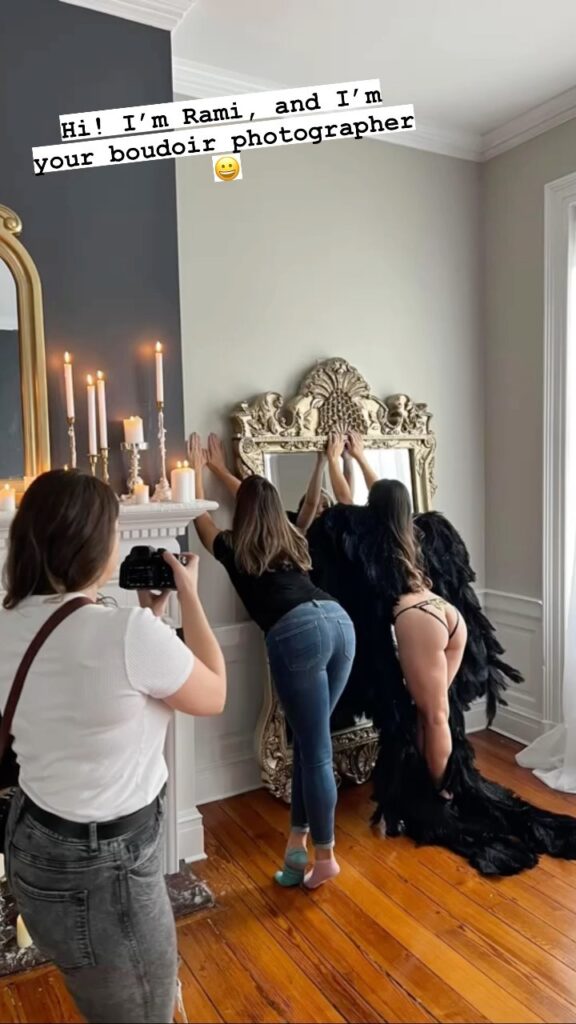 Boudoir photographer, Ramilyn,  demonstrates boudoir poses for client. 