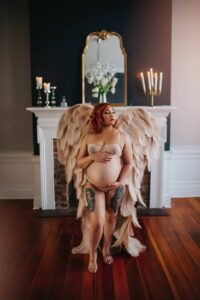 best maternity boudoir photography with Black Lace Boudoir featuring client posing at luxury boudoir studio in Virginia.