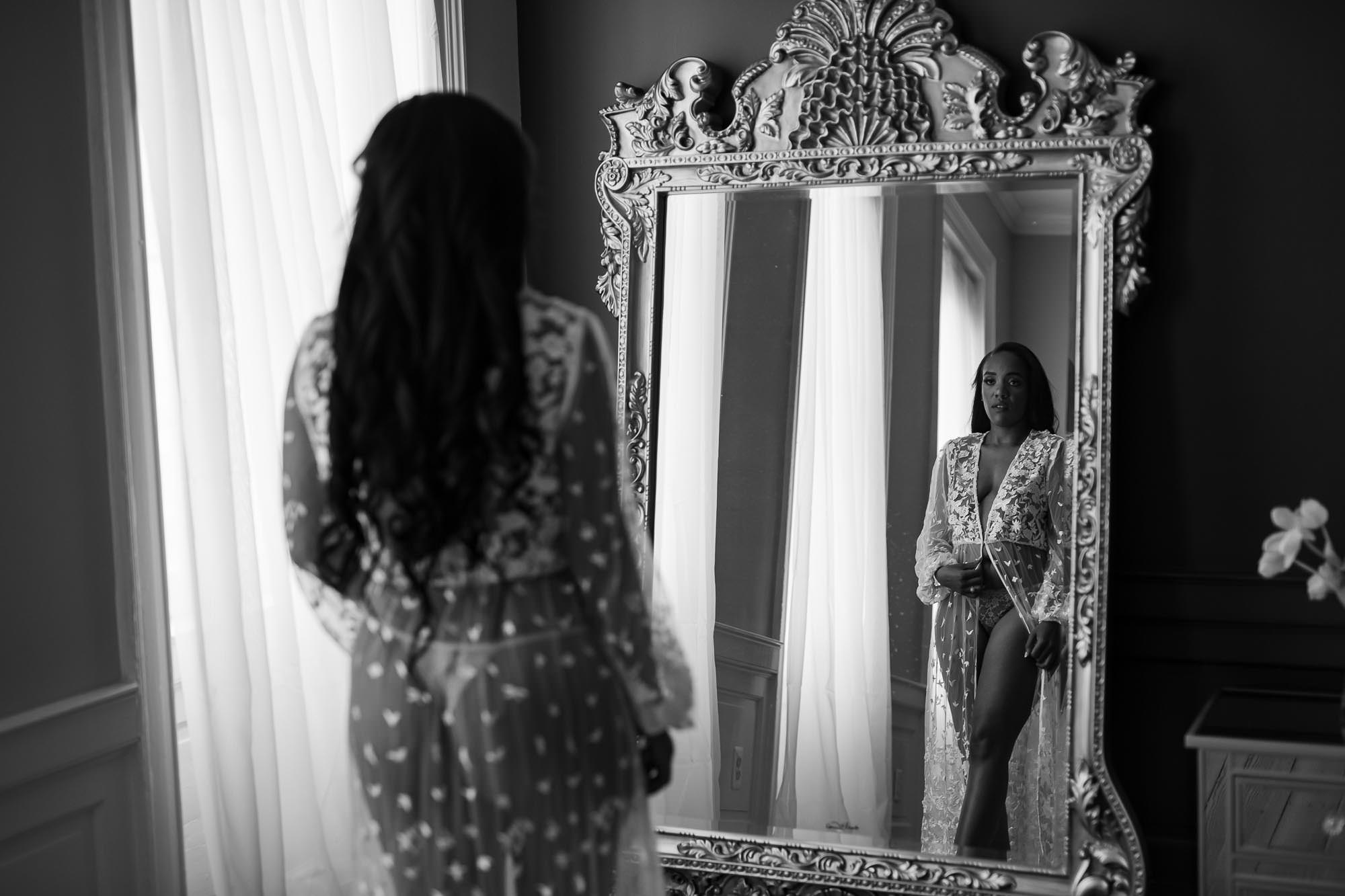 Black and white bridal boudoir session with Black Lace Boudoir at luxury Fredericksburg photography studio.