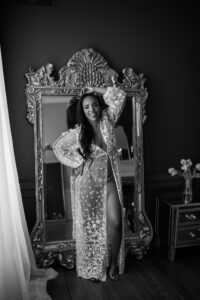 Black and white bridal boudoir session at Black Lace Boudoir's luxury boudoir studio in Northern Virginia.