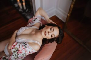 Bridal boudoir session near me Virginia, Washington DC, northern Virginia and Maryland featuring client posing at Black Lace Boudoir studio.