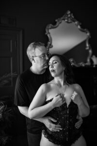 Couples boudoir photography session in Fredericksburg, VA, Black Lace Boudoirs, professional boudoir studio