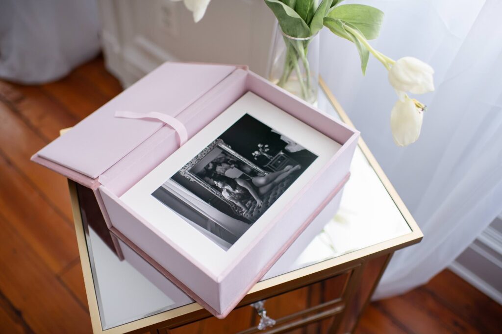 Boudoir products with photos in box as a Valentine's Day gift idea.