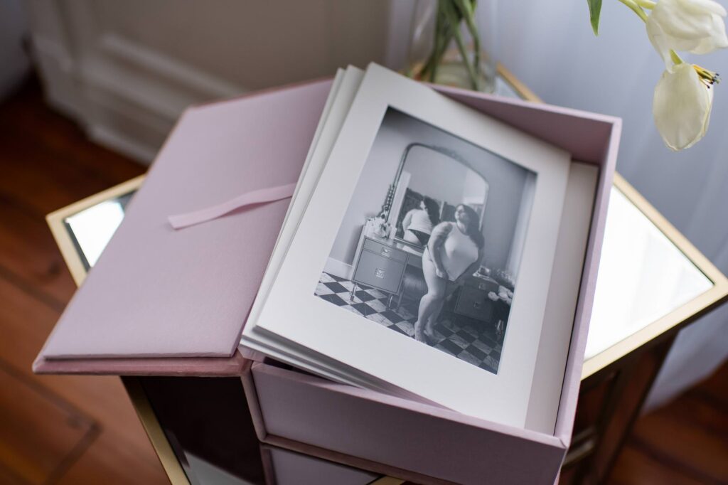 Pink heirloom box with boudoir photos, Valentine's Day gift idea.
