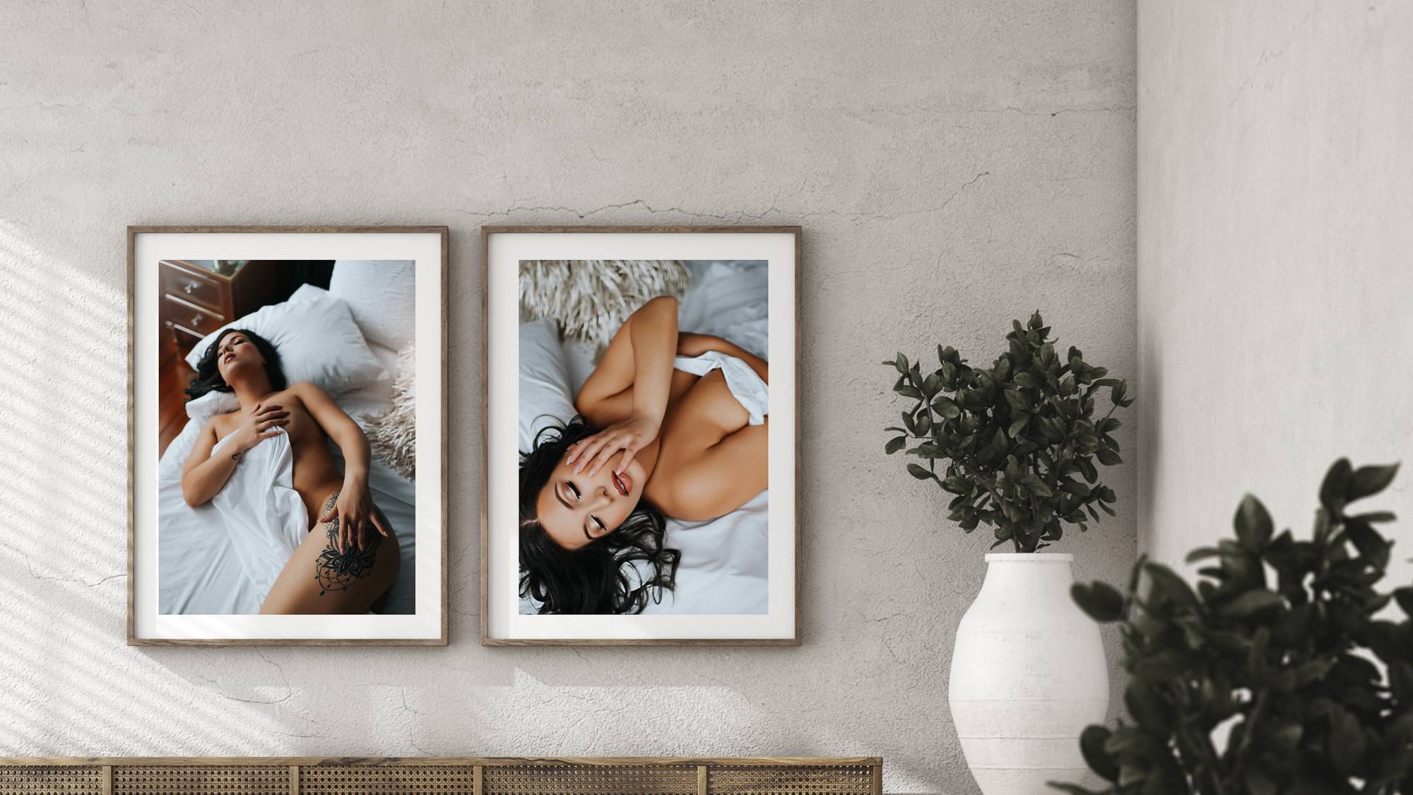 Boudoir products by Black Lace Boudoir in Washington D.C. Virginia, Maryland showcasing two large print wall art photos hanging on a wall.