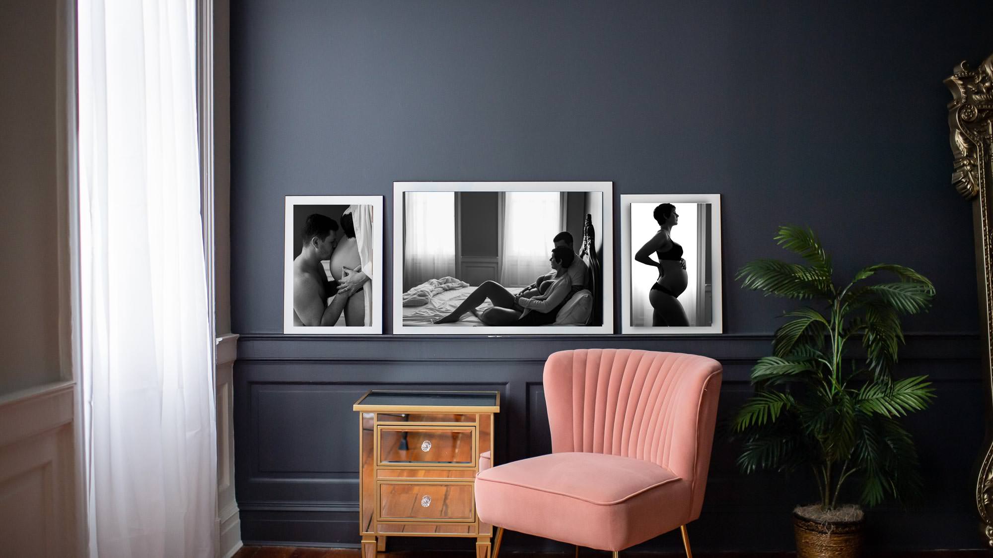Boudoir products of three pictures hanging on a wall.