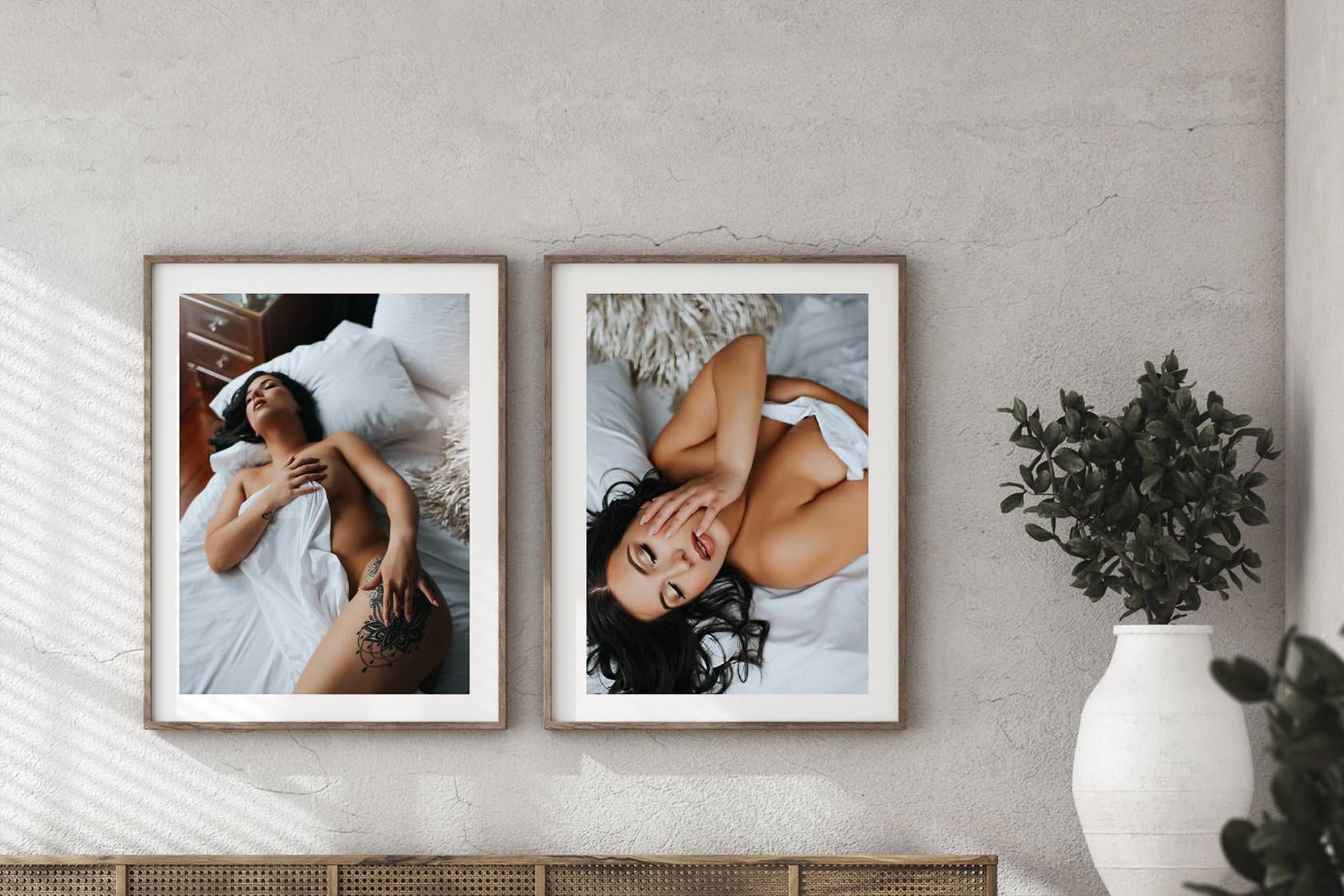 Boudoir products by Black Lace Boudoir in Washington D.C. Virginia, Maryland showcasing two large print wall art photos hanging on a wall.